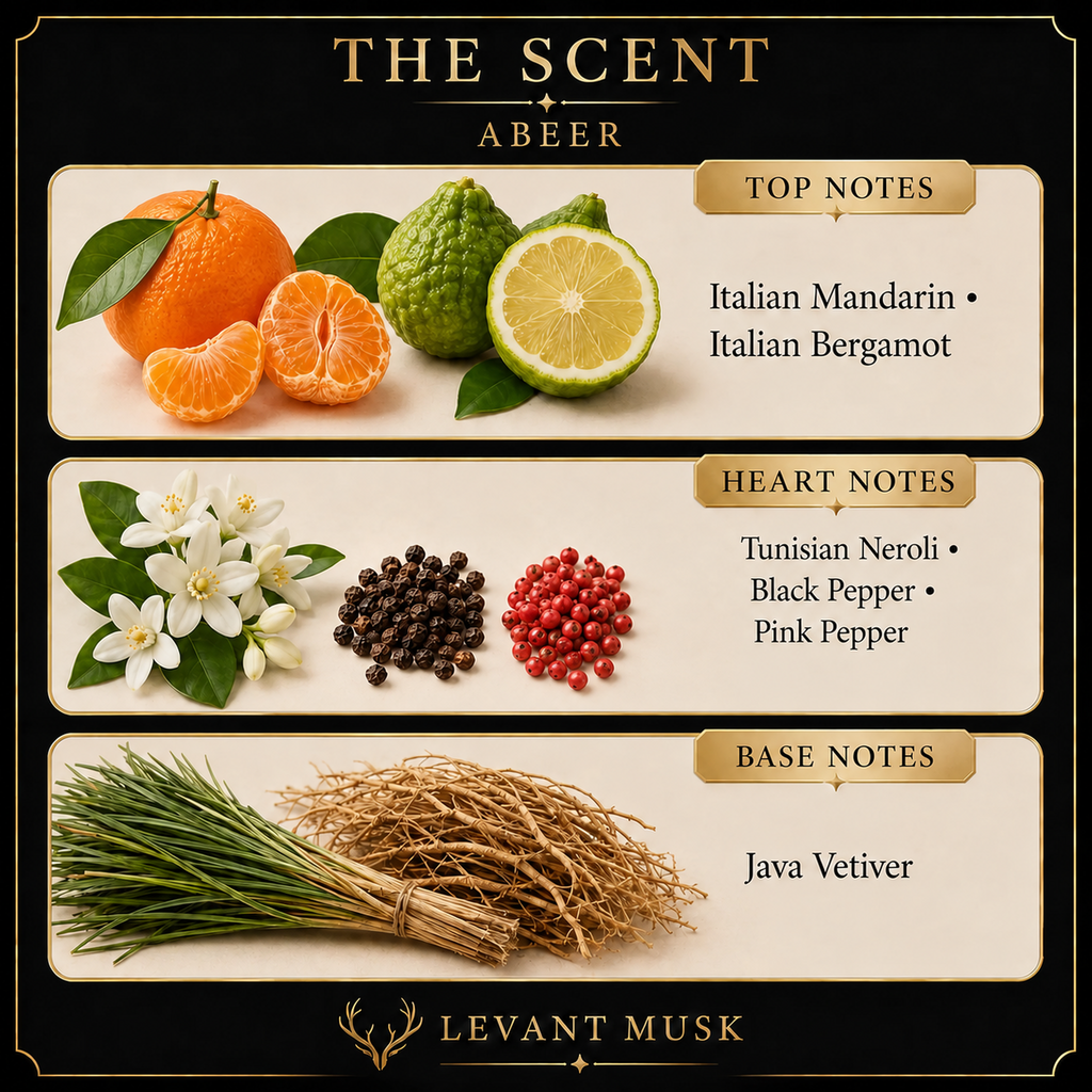 ABEER by Levant Musk note card. Top: Italian mandarin; Italian bergamot. Heart: Tunisian neroli; black pepper; pink pepper. Base: Java vetiver.
