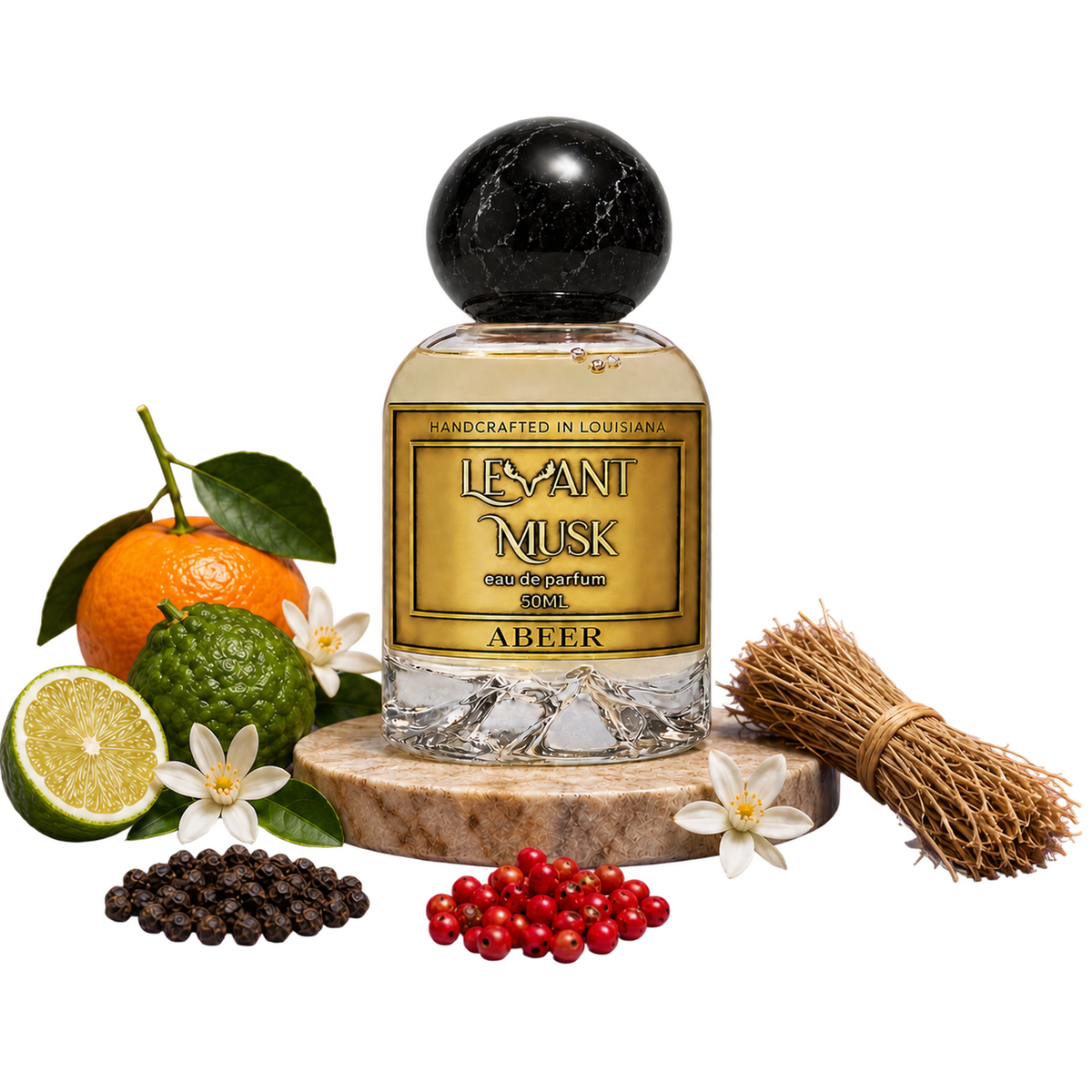ABEER by Levant Musk perfume bottle with ingredient props on a transparent background.