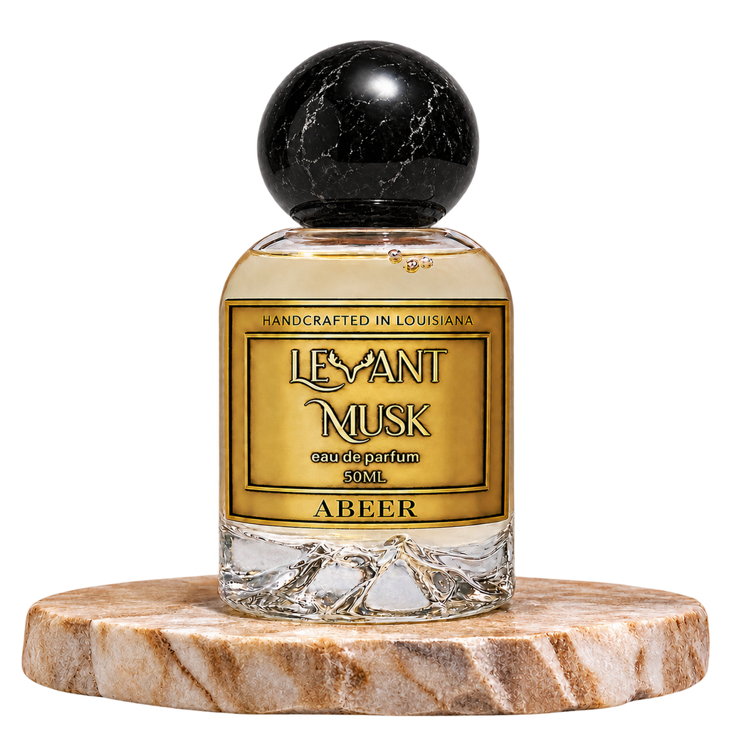 ABEER by Levant Musk plain perfume bottle on a marble pedestal with a transparent background.