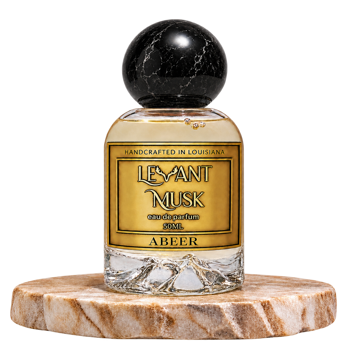 ABEER by Levant Musk plain perfume bottle on a marble pedestal with a transparent background.