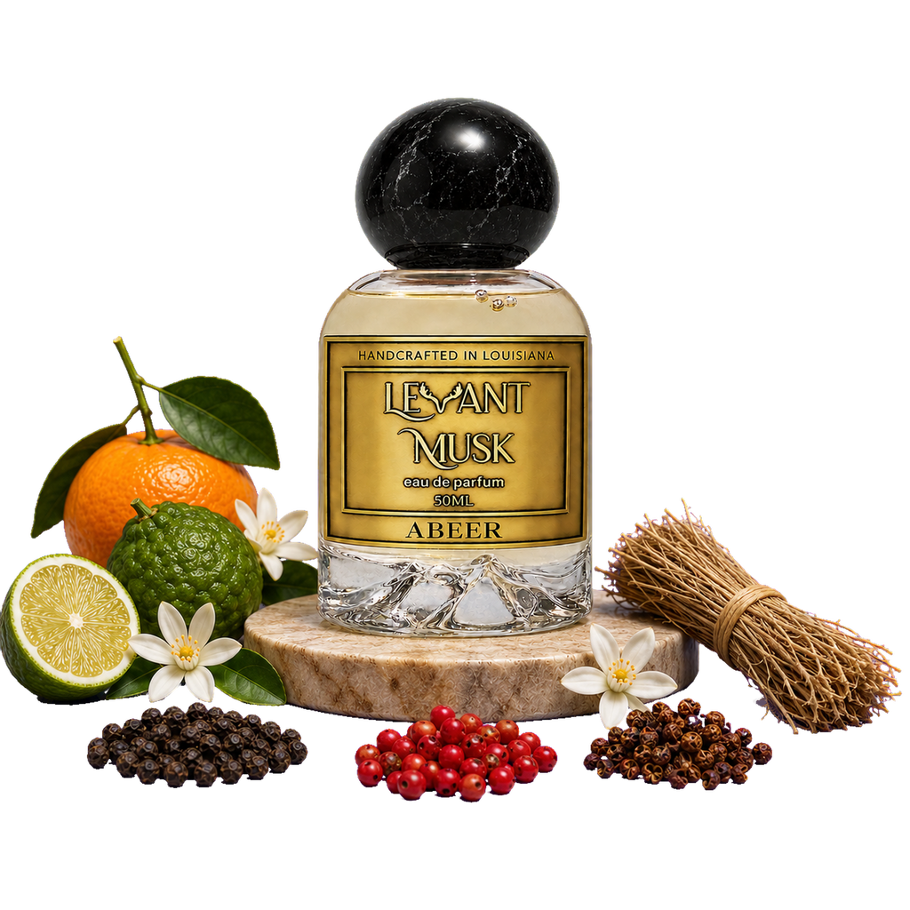A bottle of Levant Musk eau de parfum ABEER,  centered on a white background, surrounded by its flavor ingredients: an orange, lime halves, limes, white flowers, black peppercorns, red berries, and a bundle of dried roots on a wooden slice.
