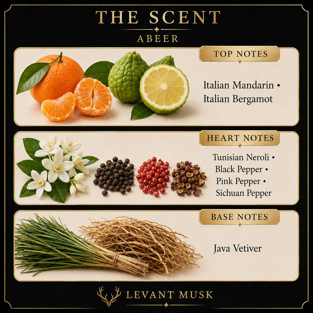 A branded scent profile graphic for 'Abeer'  eau de parfum by Levant Musk, showing three horizontal panels with illustrations and photos of citrus fruits, white flowers, peppercorns, and a bundle of java vetiver roots under labels for top notes, heart notes, and base notes.
