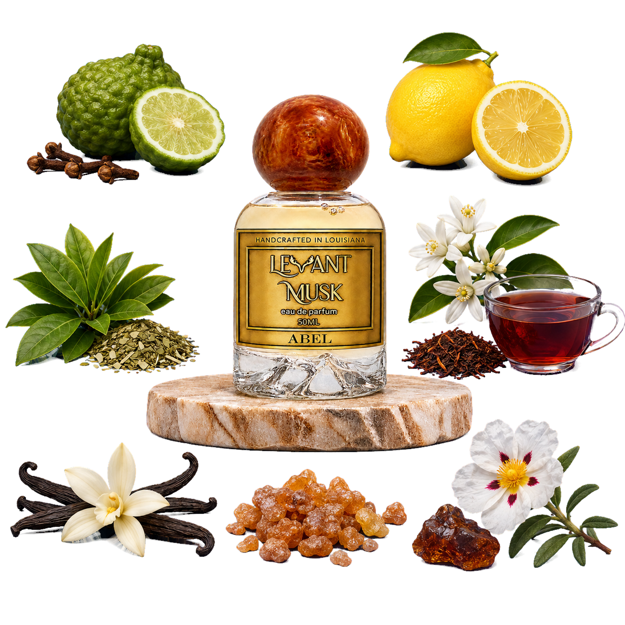 A bottle of Levant Musk eau de parfum labeled Abel centered on a white background, surrounded by its natural ingredients including lemongrass, kumquats, lemons, vanilla flowers, vanilla pods, rooibos tea leaves, and a cup of brewed tea.