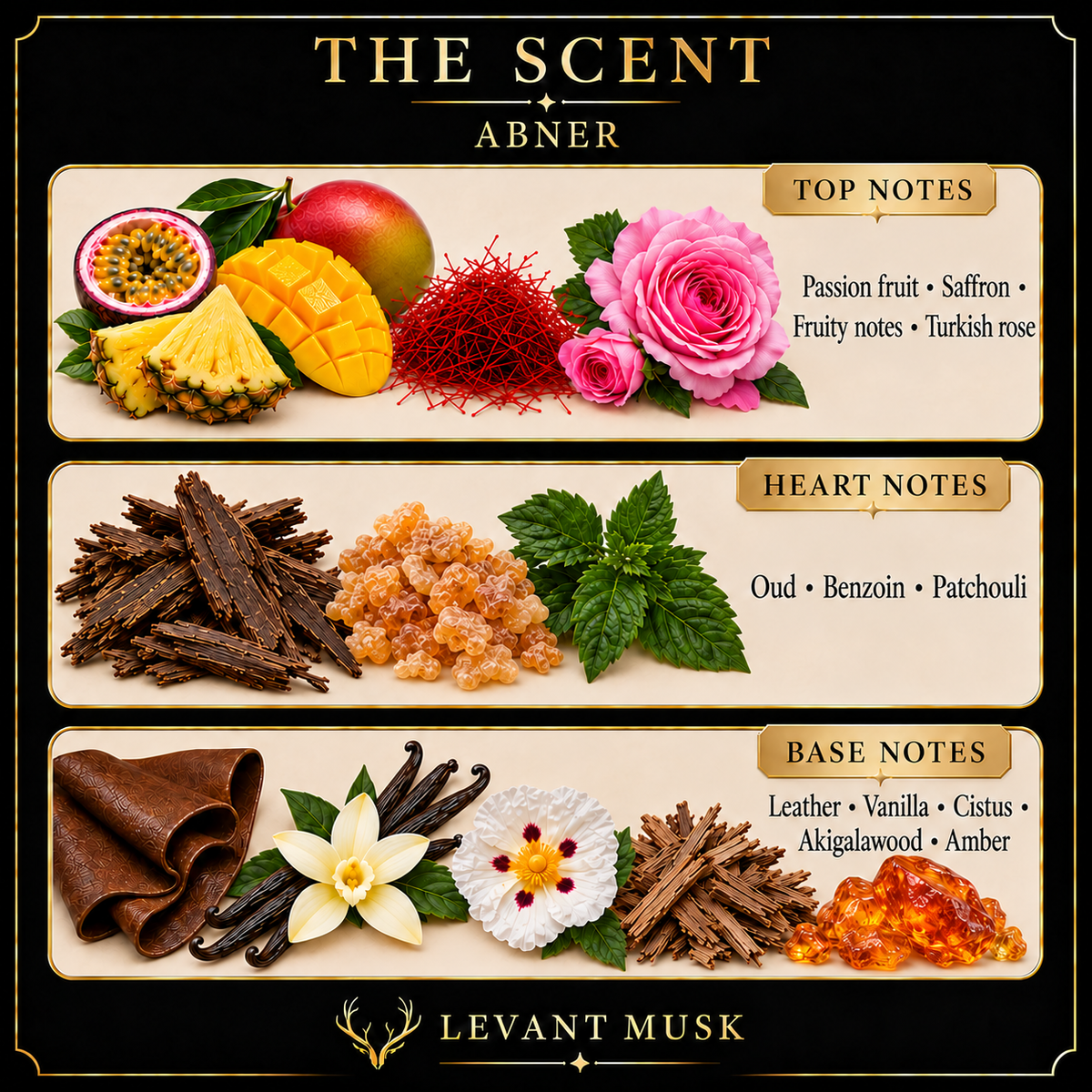 ABNER by Levant Musk notes card showing fruity rose top notes, oud and benzoin heart, and leather, vanilla, cistus, woods and amber base.