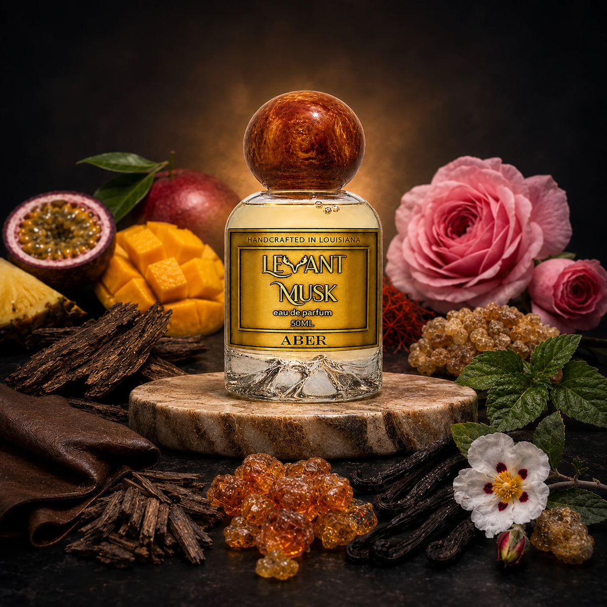 A bottle of Levant Musk ABER eau de parfum stands on a round marble slice, surrounded by botanical and flavor-inspired props including pink roses, a passion fruit, mango pieces, vanilla beans, amber crystals, and dark brown fabric against a dark background.