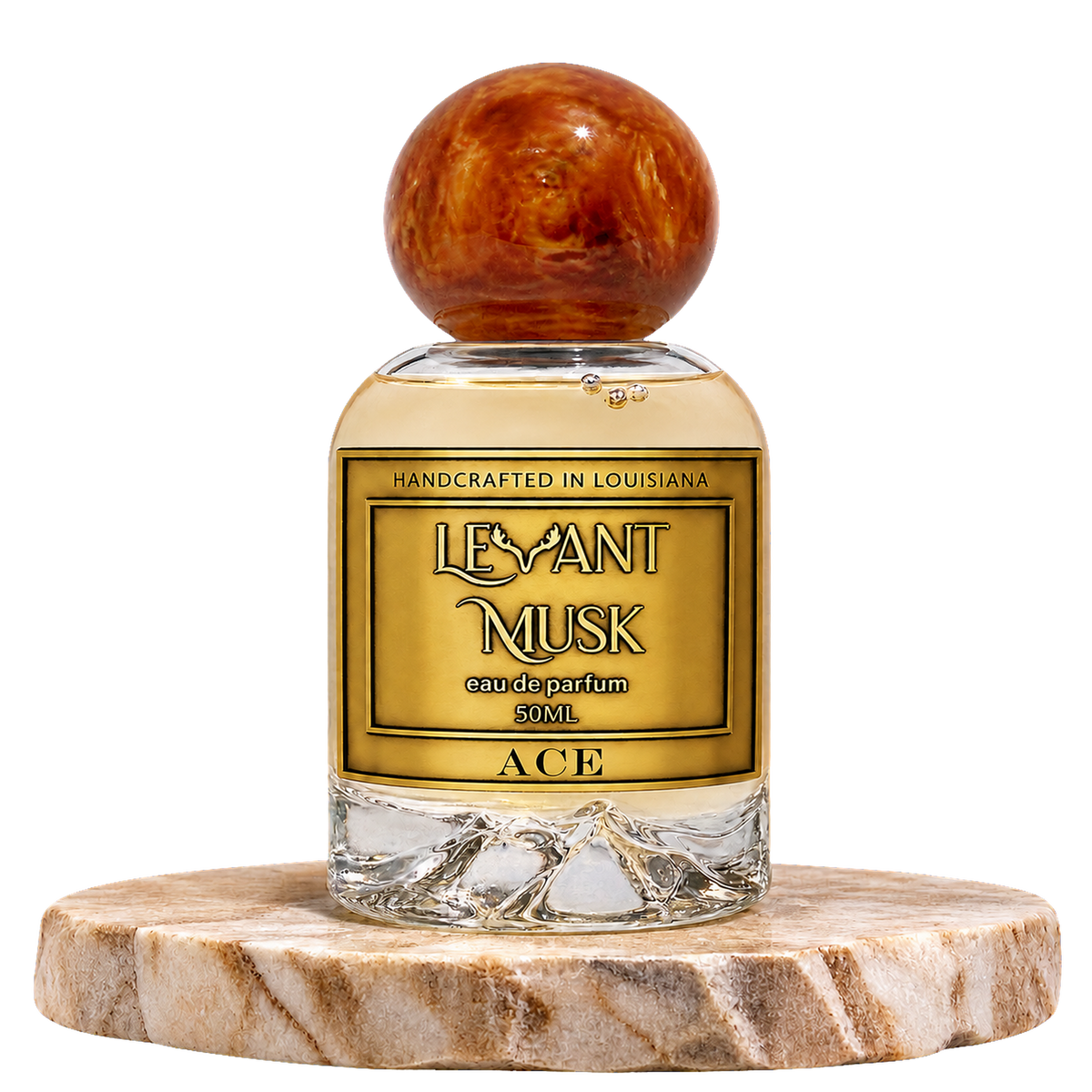 A bottle of Levant Musk Eau de Parfum named Ace, featuring a round amber-brown cap and a clear glass bottle with a gold label, displayed on a round marble pedestal against a white background.
