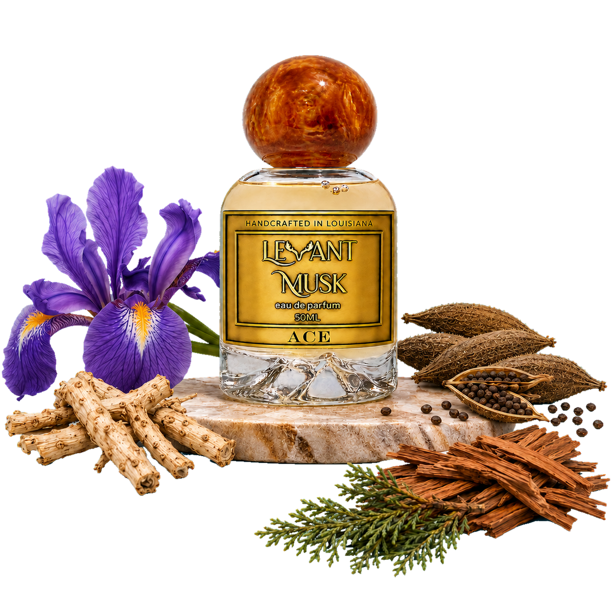 A bottle of ACE by Levant Musk a Eau de Parfum with a amber cap, surrounded by natural ingredients including purple irises, turmeric roots, cinnamon sticks, and green herbs on a white background.