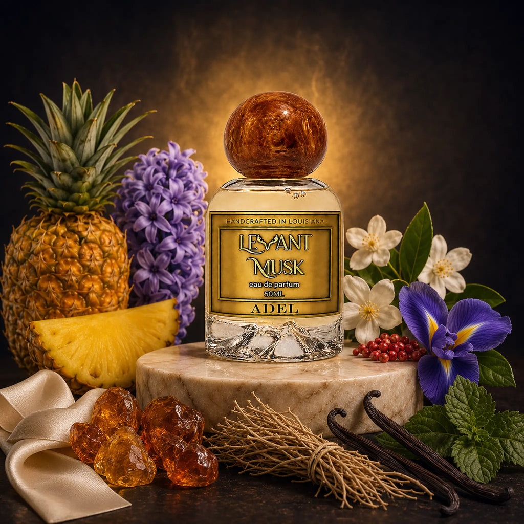 A perfume bottle labeled Adel, by Levant Musk styled on a marble pedestal with pineapple, purple flowers, white blossoms, vanilla beans, mint, amber crystals, and a cream ribbon against a dark smoky background.