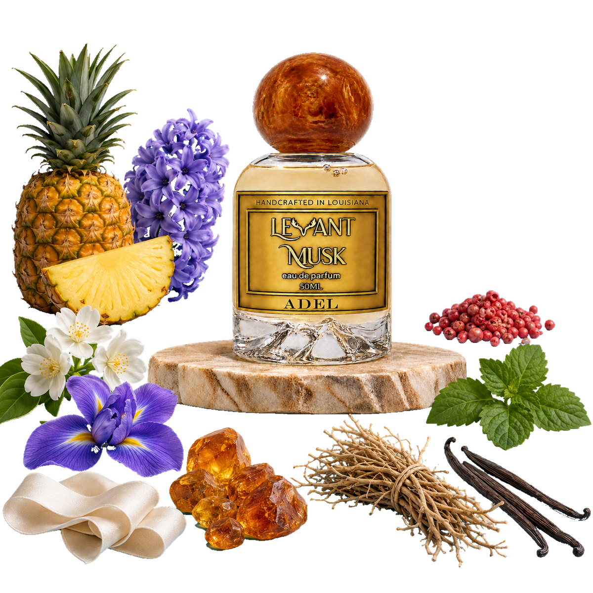A perfume bottle labeled Adel, by Levant Musk styled with its scent ingredients including a pineapple, purple flowers, white flowers, amber, vanilla beans, mint leaves, and berries on a white background.