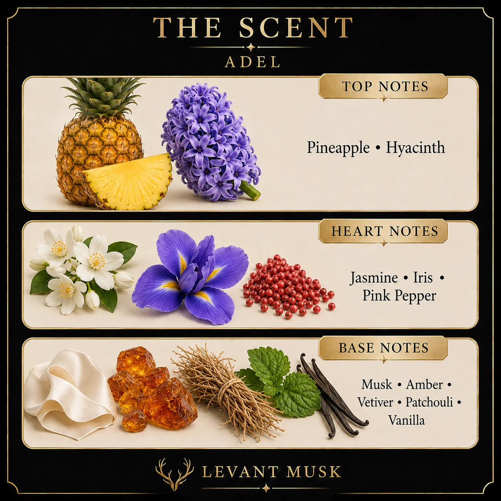 A scent profile graphic for eau de parfum "Adel' by Levant Musk, showing top, heart, and base notes with corresponding ingredient illustrations (pineapple, hyacinth, jasmine, iris, pink pepper, amber, vetiver, musk, patchouli, vanilla) on a black and beige layout.