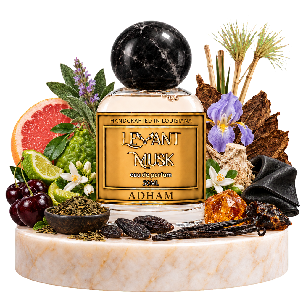 ADHAM by Levant Musk with black cherry, citrus, tea, flowers, tobacco, leather, tonka bean, vanilla and resin scent illustrations.