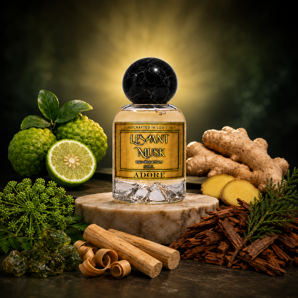 ADORE perfume with black marble spherical cap, bergamot, ginger, galbanum, sandalwood and cedar beneath a warm golden glow.