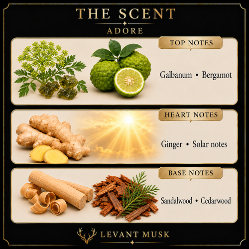 ADORE by Levant Musk notes card with galbanum and bergamot, ginger and solar notes, sandalwood and cedarwood.