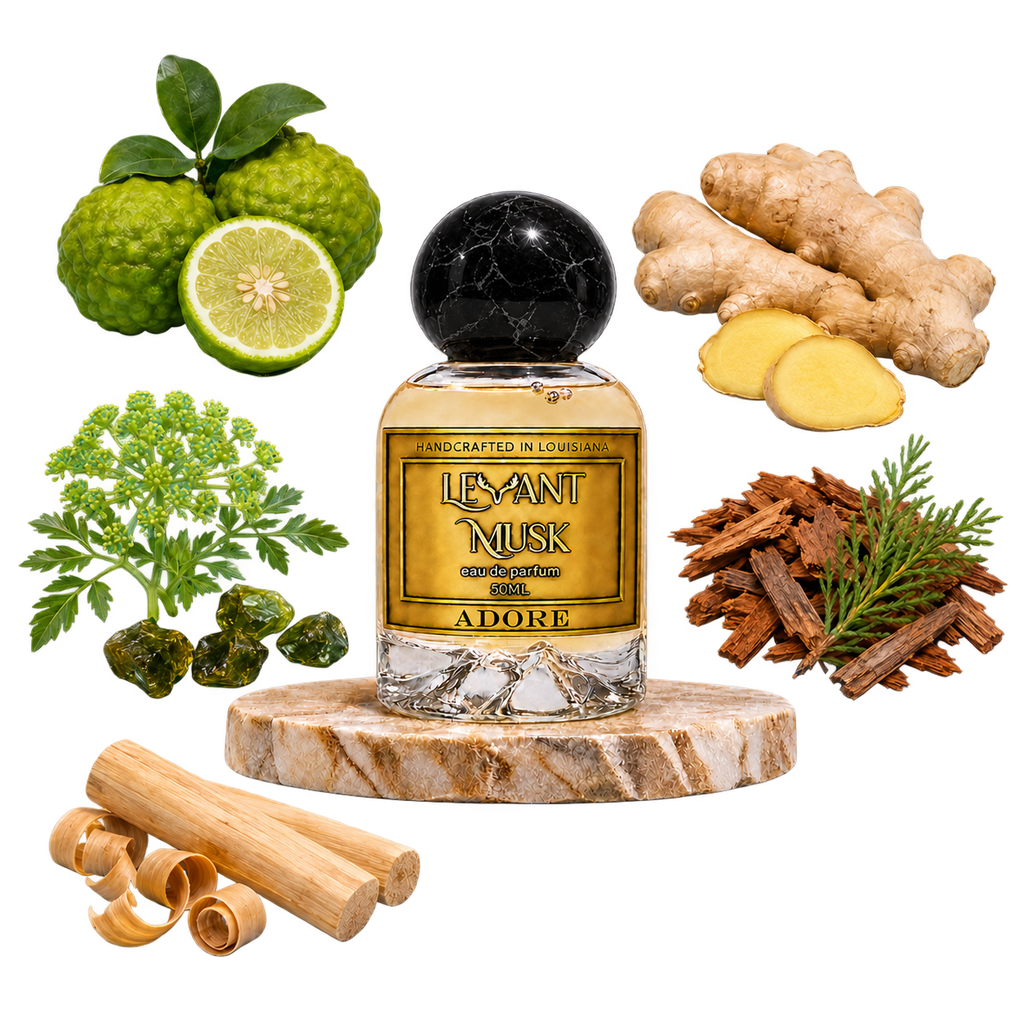 ADORE perfume bottle on marble with bergamot, ginger, galbanum, cedar and sandalwood, on a transparent background.