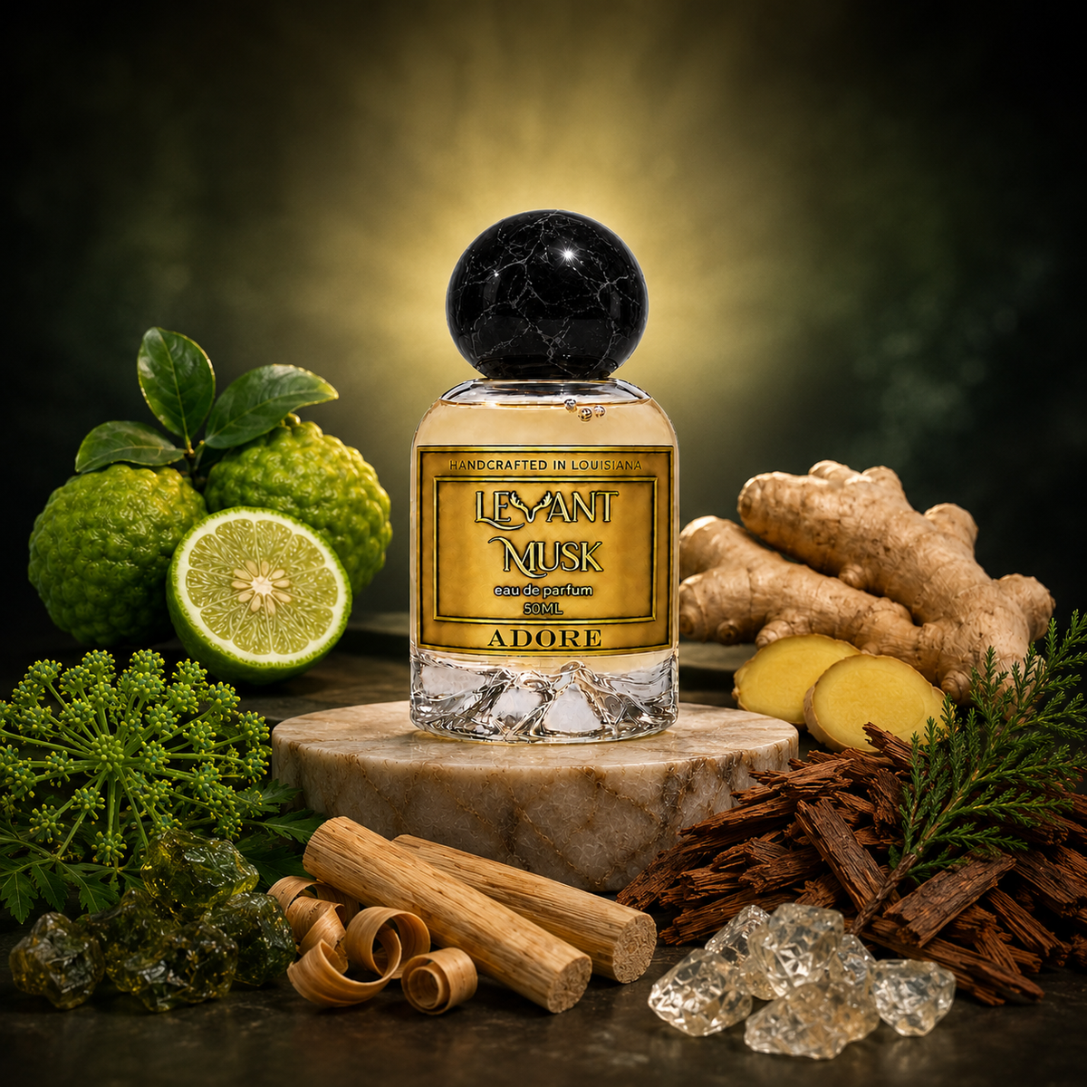 A bottle of Levant Musk fragrance labeled 'ADORE' stands on a stone slab, surrounded by citrus, ginger, cinnamon, resin, and greenery against a dark glowing background.