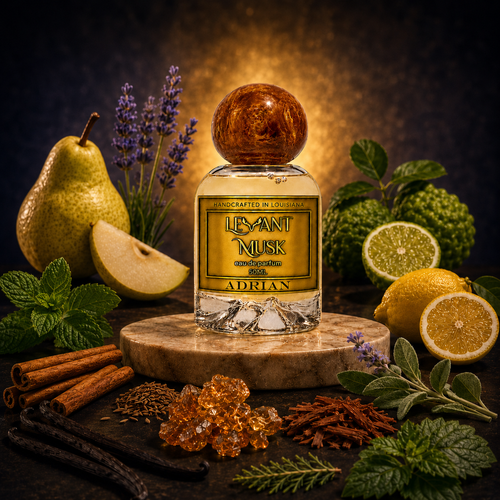 A bottle of Adrian by Levant Musk, an eau de parfum is centered on a marble pedestal, surrounded by citrus fruits, pears, mint leaves, cinnamon sticks, and amber crystals against a dark warm background.