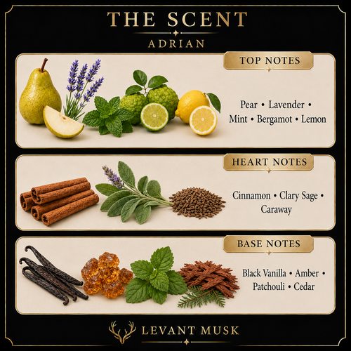A branded scent note graphic for "Adrian' by Levant Musk, showing top, heart, and base notes with illustrated ingredients including pear, lavender, mint, bergamot, lemon, cinnamon, clary sage, amber, vanilla, and cedar on a black and beige layout.