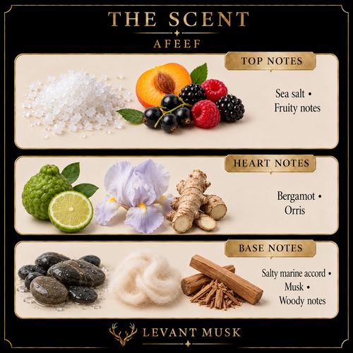 AFEEF scent notes. Top: Sea salt; Fruity notes. Heart: Bergamot; Orris. Base: Salty marine accord; musk; woody notes.