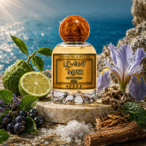 AFEEF by Levant Musk perfume with bergamot, dark berries, iris, crystals and wood on a rocky ledge above blue water.