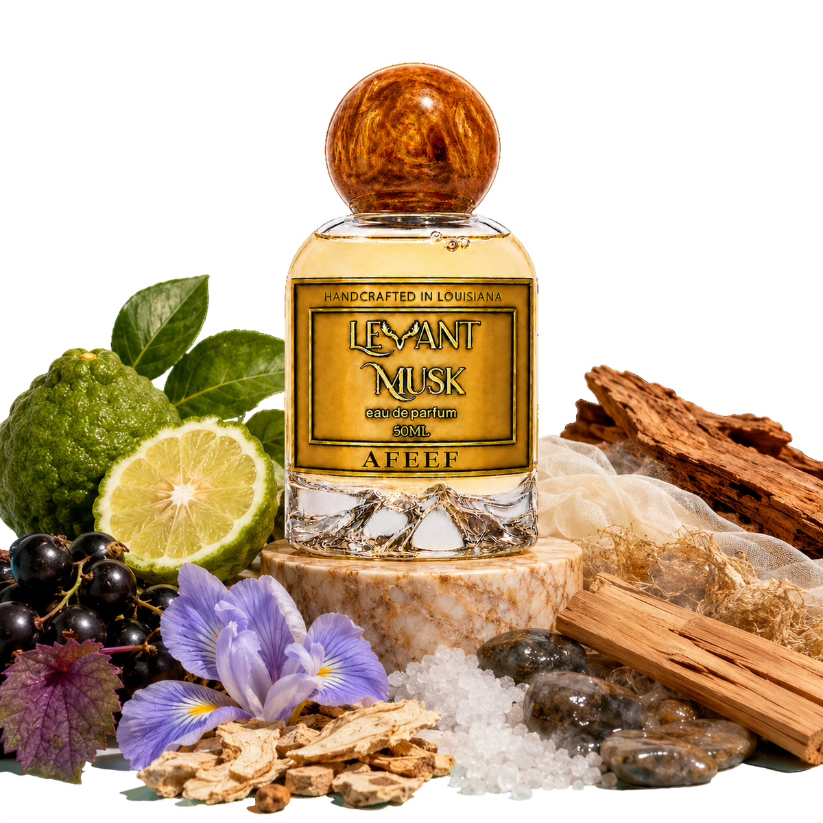 AFEEF by Levant Musk perfume surrounded by bergamot, blackcurrants, iris, salt crystals, smooth stones and wood.