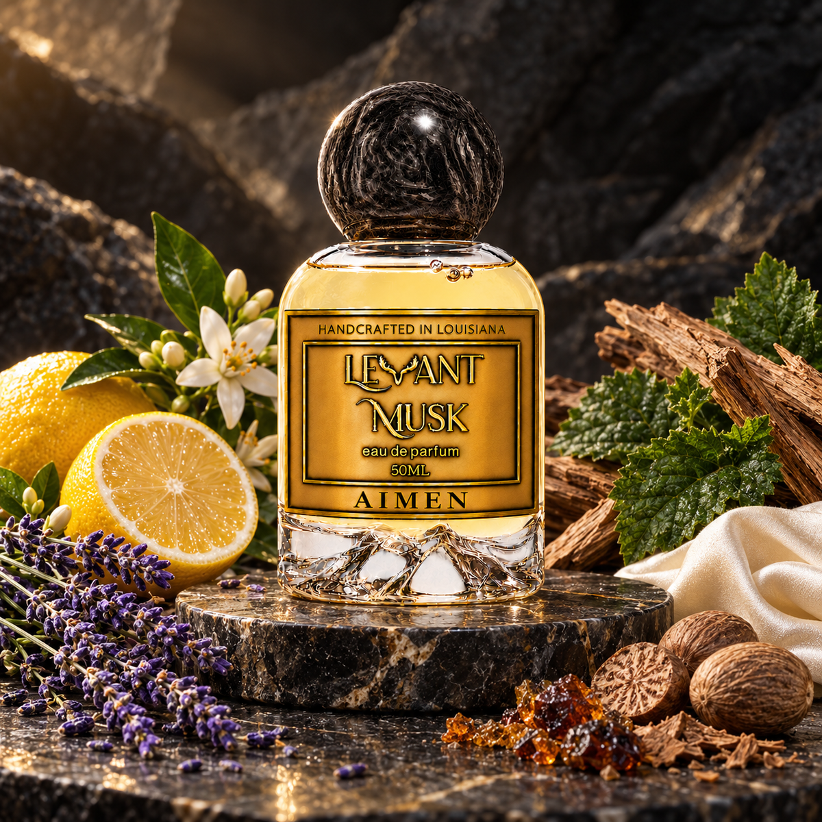 AIMEN fragrance bottle with black cap in a dark stone setting with lavender, Amalfi lemon, orange blossom, nutmeg, Spanish labdanum, dry wood, patchouli and a silk musk accent