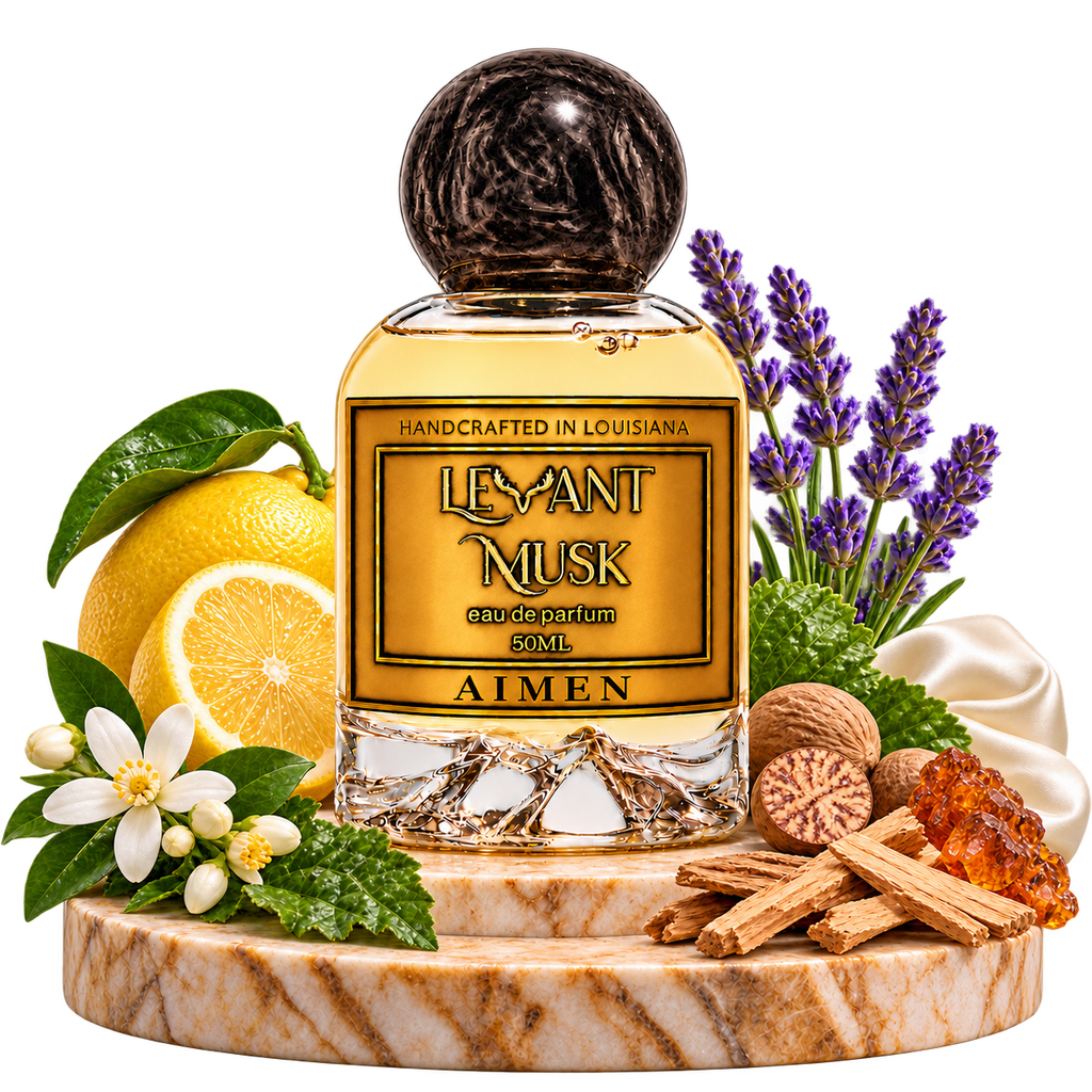 AIMEN by Levant Musk with lavender, Amalfi lemon, orange blossom, nutmeg, Spanish labdanum resin, dry wood, patchouli and silk representing musk, transparent background