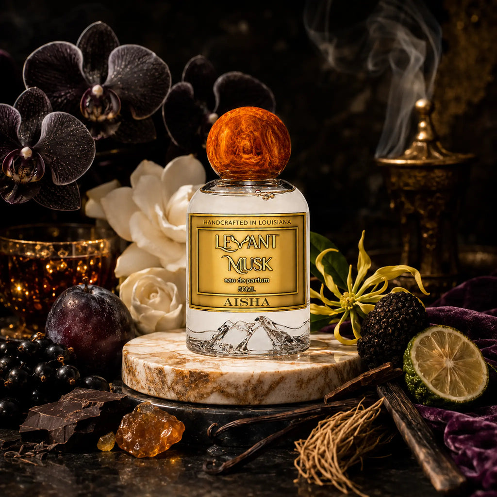 A bottle of Aisha by Levant Musk eau de parfum with a round amber cap, displayed on a marble coaster surrounded by dark purple orchids, a lime, dark plums, vanilla beans, and a smoking incense burner in a dark, moody setting.