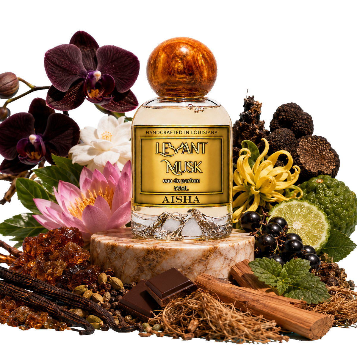 A perfume bottle labeled Aisha, by Levant Musk set on a marble pedestal with rich fragrance-inspired ingredients including orchids, lotus flowers, vanilla beans, cinnamon, chocolate, and limes against a white background.