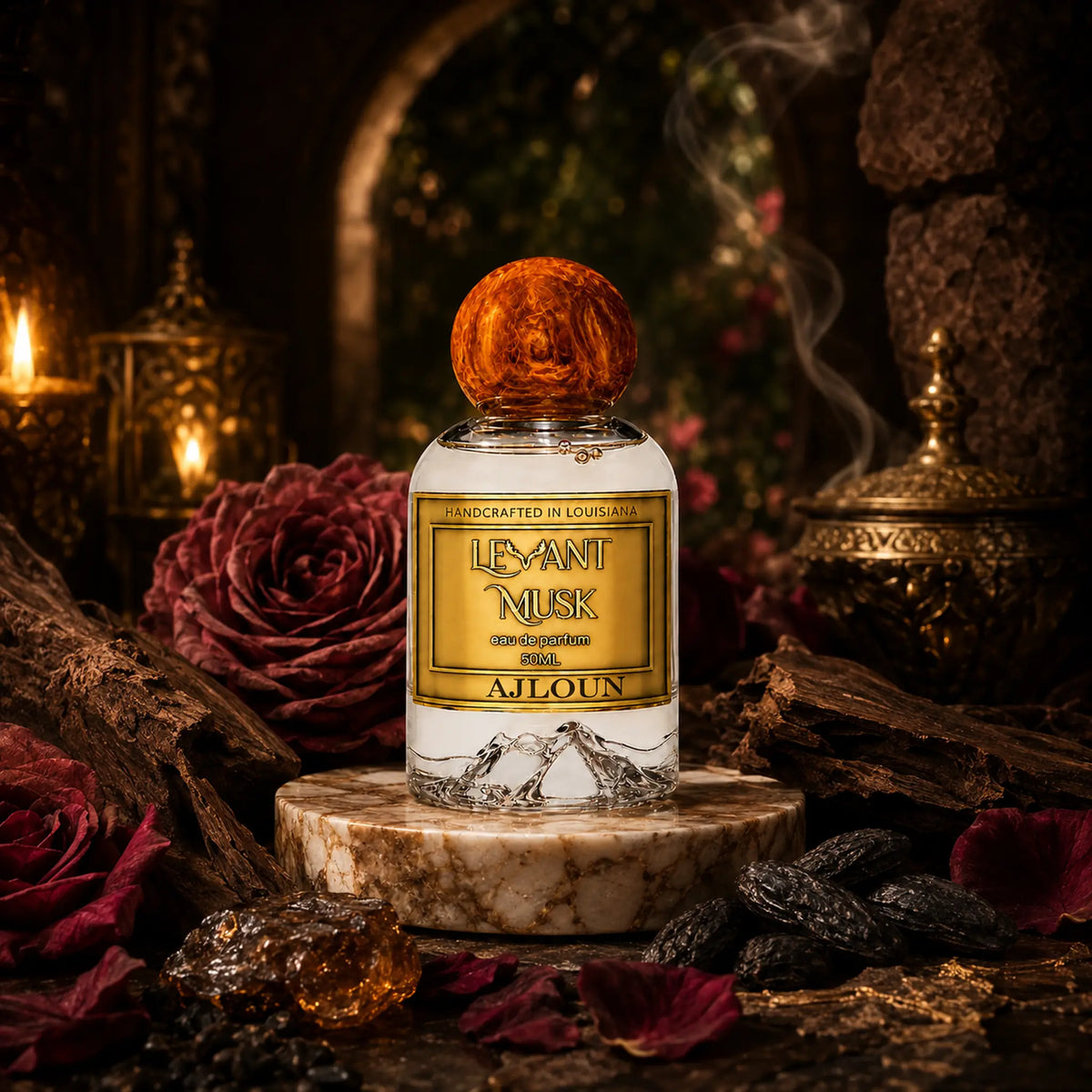 A glass eau de parfum bottle labeled AJLOUN by Levant Musk and 'on a marble pedestal in a moody, dark ritual-style setting with candles, dried roses, wood, and incense smoke.