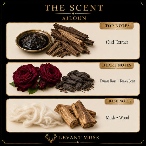 A branded scent note graphic for Levant Musk brand's 'Ajloun' eau de parfum labeled. The design has a black background with cream panels and gold accents, showing top, heart, and base notes with illustrated ingredients: oud extract, dark red roses and tonka beans, and musk wood and white fibers.