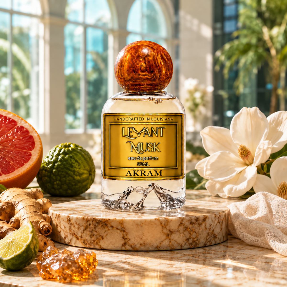 AKRAM by Levant Musk bottle on marble with grapefruit, bergamot, ginger, magnolia, white musk cloth and crystal amber in a sunlit conservatory.