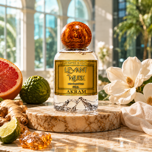 AKRAM by Levant Musk bottle on marble with grapefruit, bergamot, ginger, magnolia, white musk cloth and crystal amber in a sunlit conservatory.
