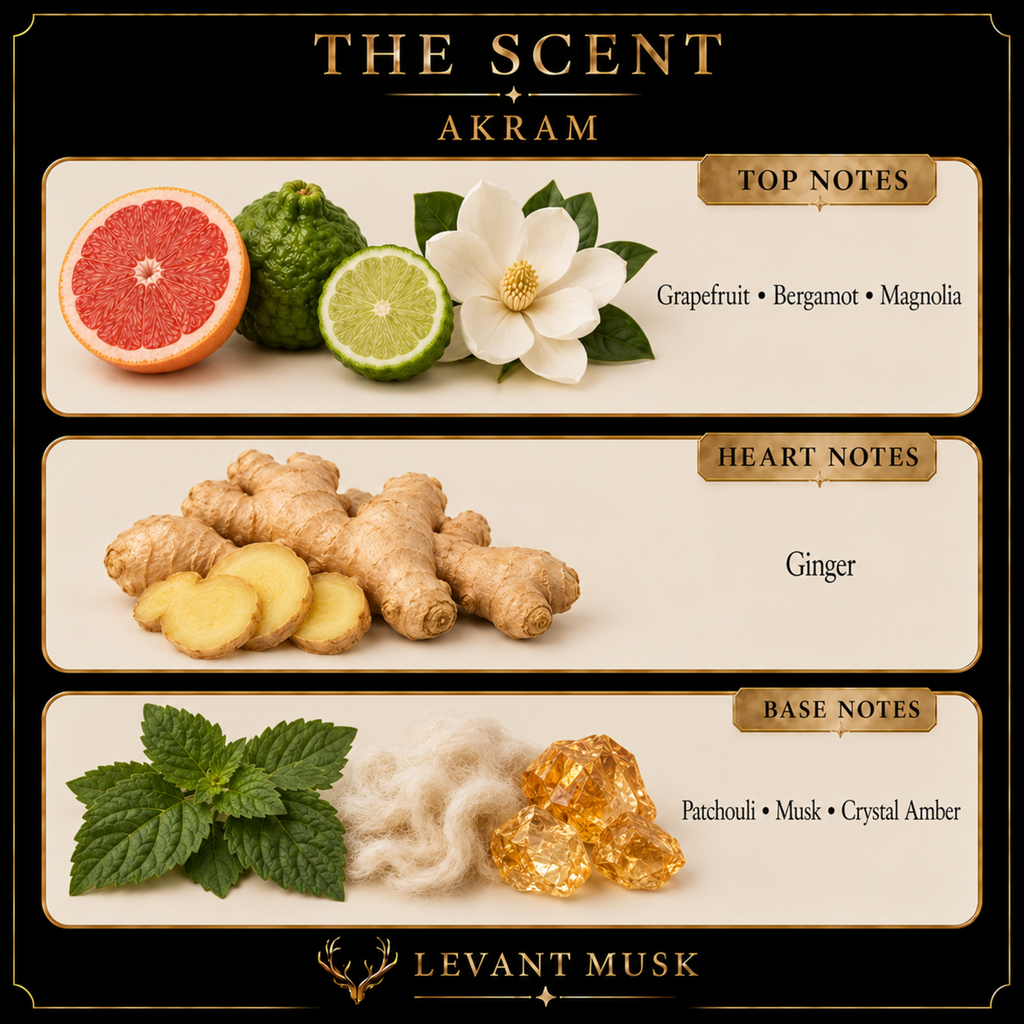 AKRAM by Levant Musk note card. Top: grapefruit, bergamot, magnolia. Heart: ginger. Base: patchouli, musk, crystal amber.