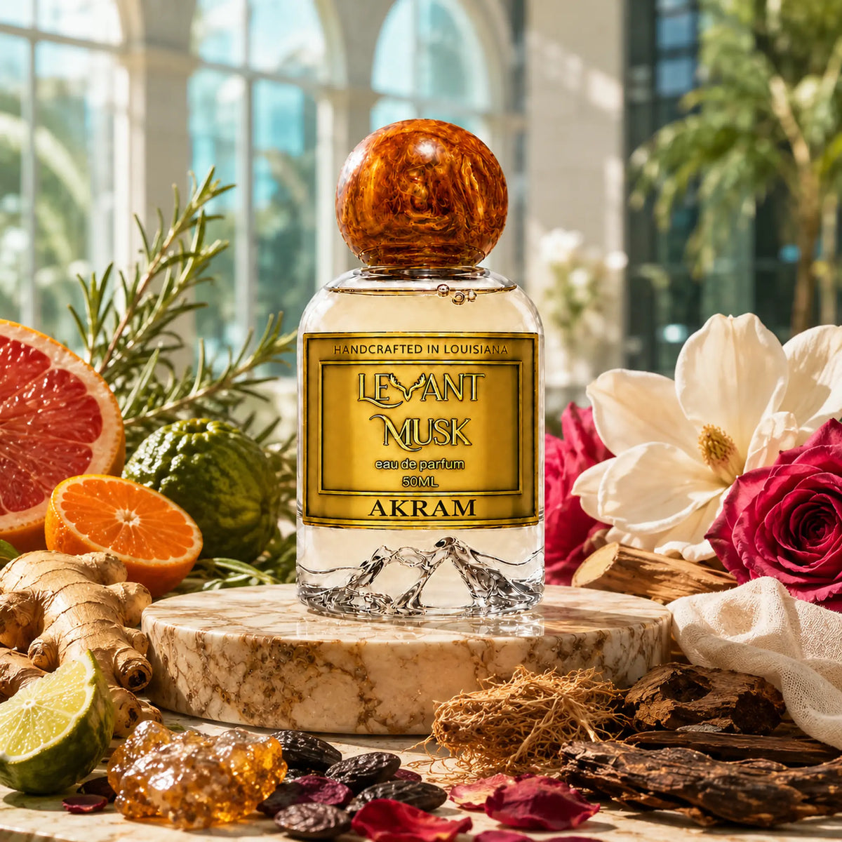 A clear glass perfume bottle labeled  Akram, by Levant Musk with a round amber cap, styled on a stone slab with citrus, flowers, and botanicals in a bright indoor setting.