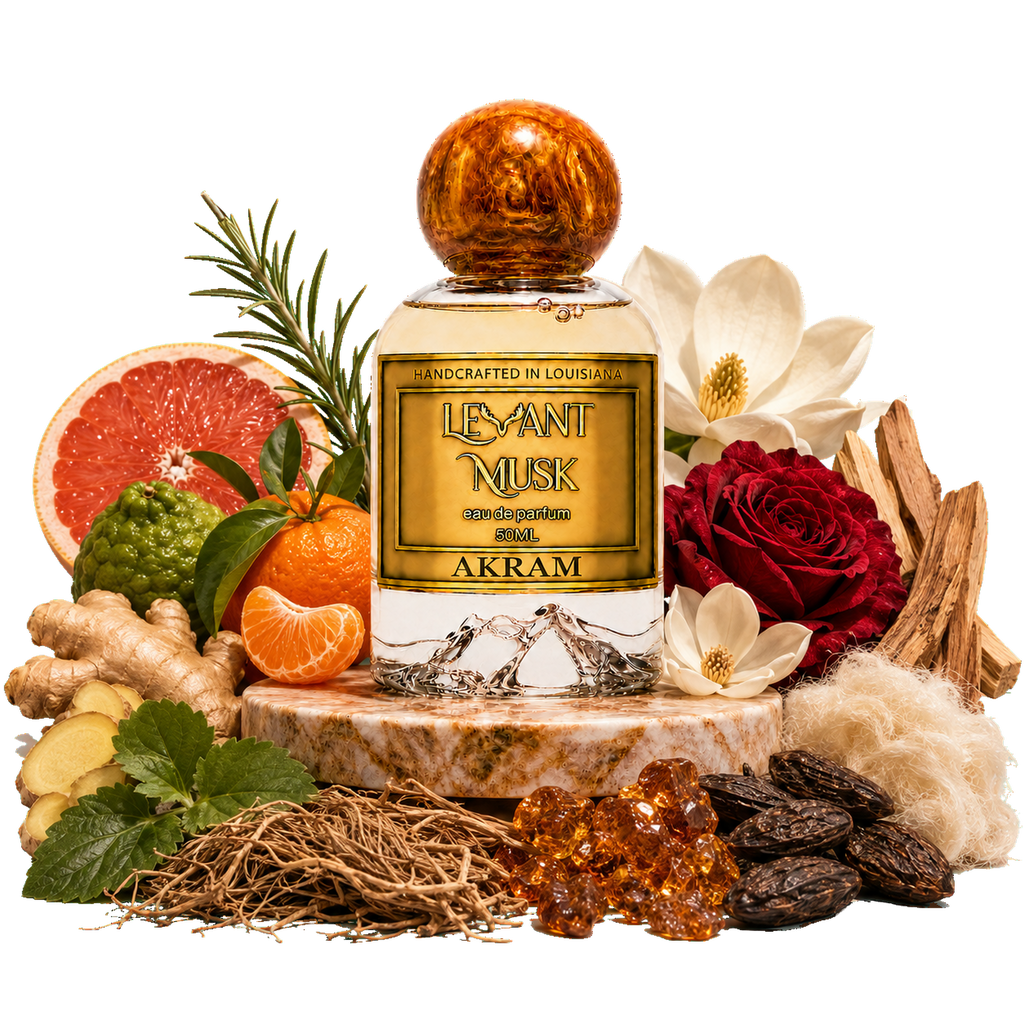 A perfume bottle labeled  Akram, by Levant Musk styled with botanical and citrus ingredients including rose, magnolia, grapefruit, ginger, orange, rosemary, wood chips, and amber resin on a white background.