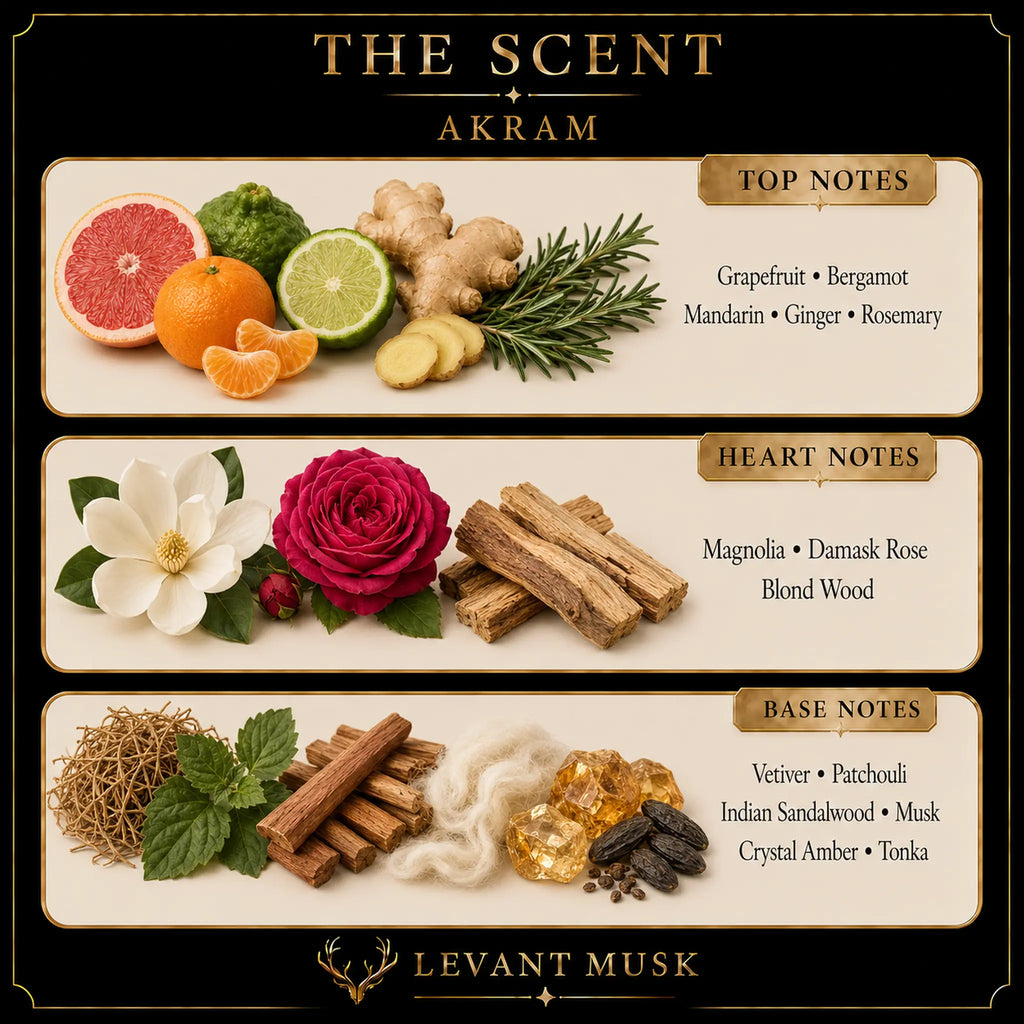 A branded scent profile graphic for Akram Scent, titled 'THE SCENT AKRAM' and by  'LEVANT MUSK,' showing three horizontal panels with ingredient imagery and notes: top notes including grapefruit, bergamot, mandarin, ginger, and rosemary; heart notes including magnolia, damask rose, and blond wood; base notes including vetiver, patchouli, Indian sandalwood, musk, crystal amber, and tonka.