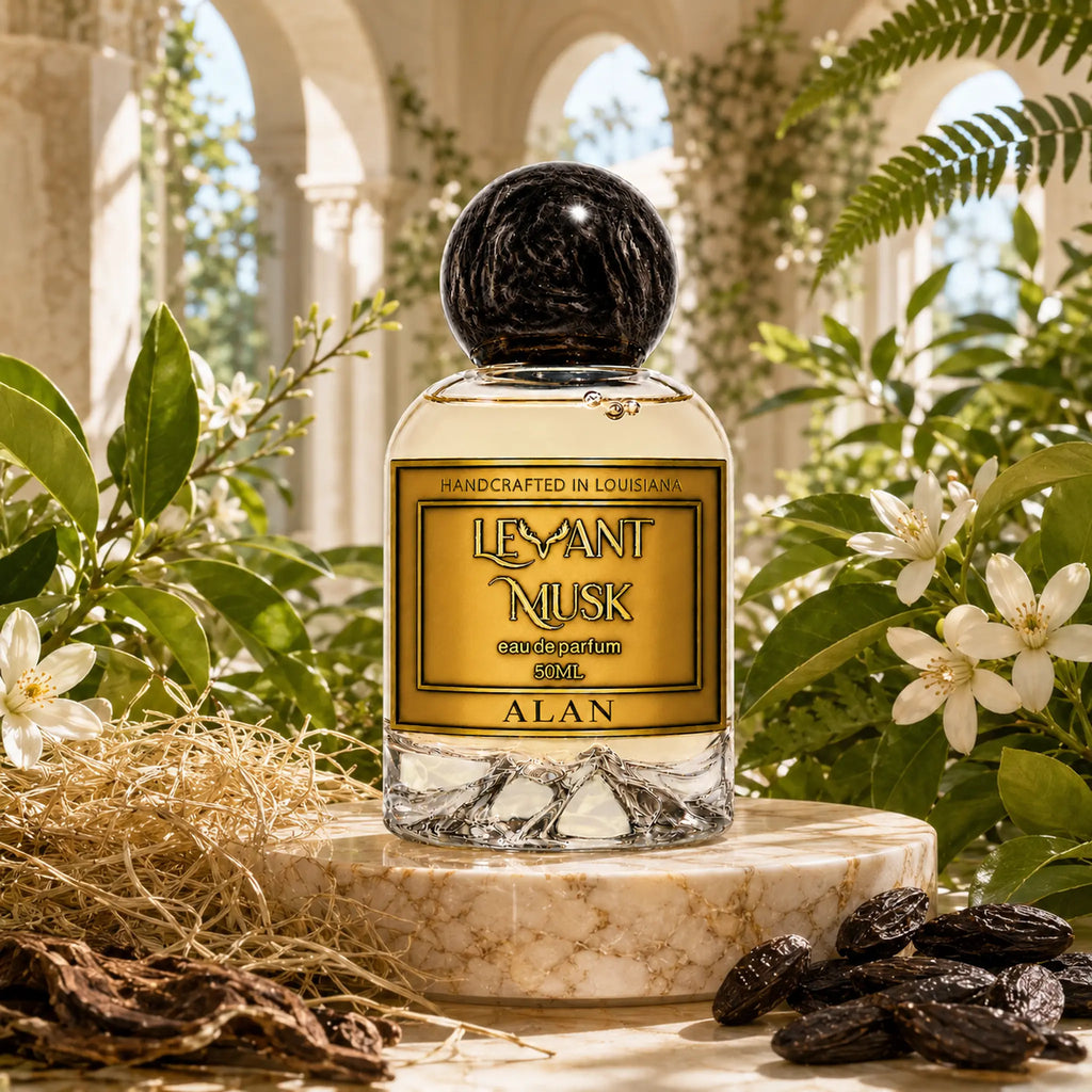 A perfume bottle labeled ALAN, by Levant Musk styled on a marble pedestal with botanical elements, dried herbs, and white blossoms in a sunlit architectural setting.