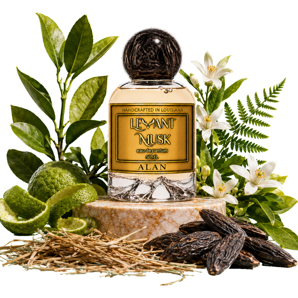 A perfume bottle labeled Alan, by Levan Musk styled with botanical ingredients including green leaves, limes, white flowers, dried herbs, and dark brown dates on a white background.