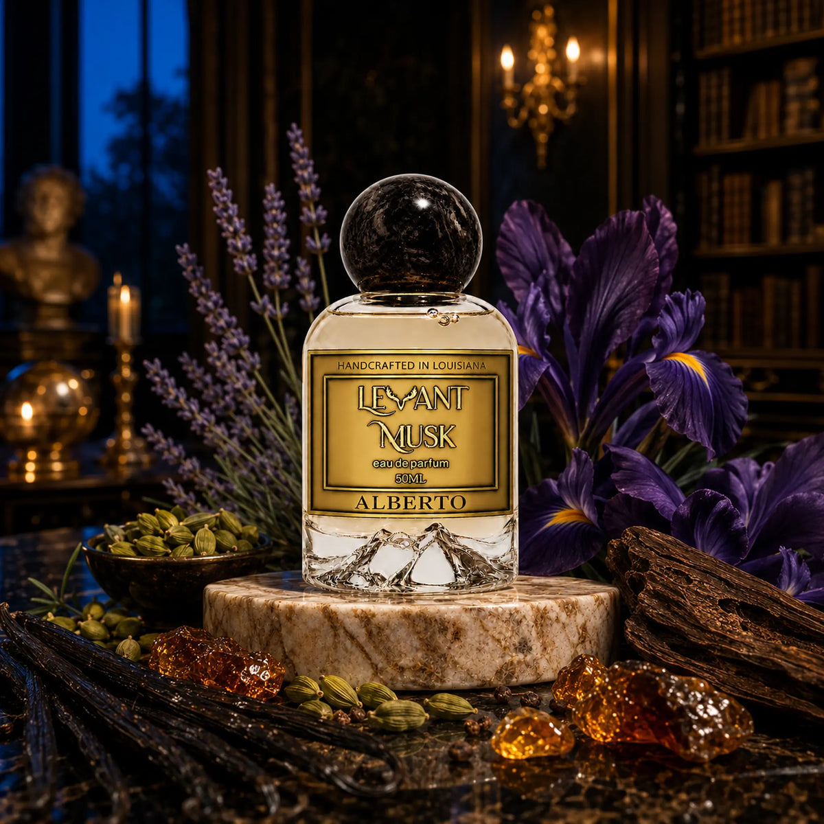 A perfume bottle labeled Alberto by Levant Musk, styled on a marble pedestal with purple flowers, vanilla beans, amber crystals, and a dark, atmospheric room background.