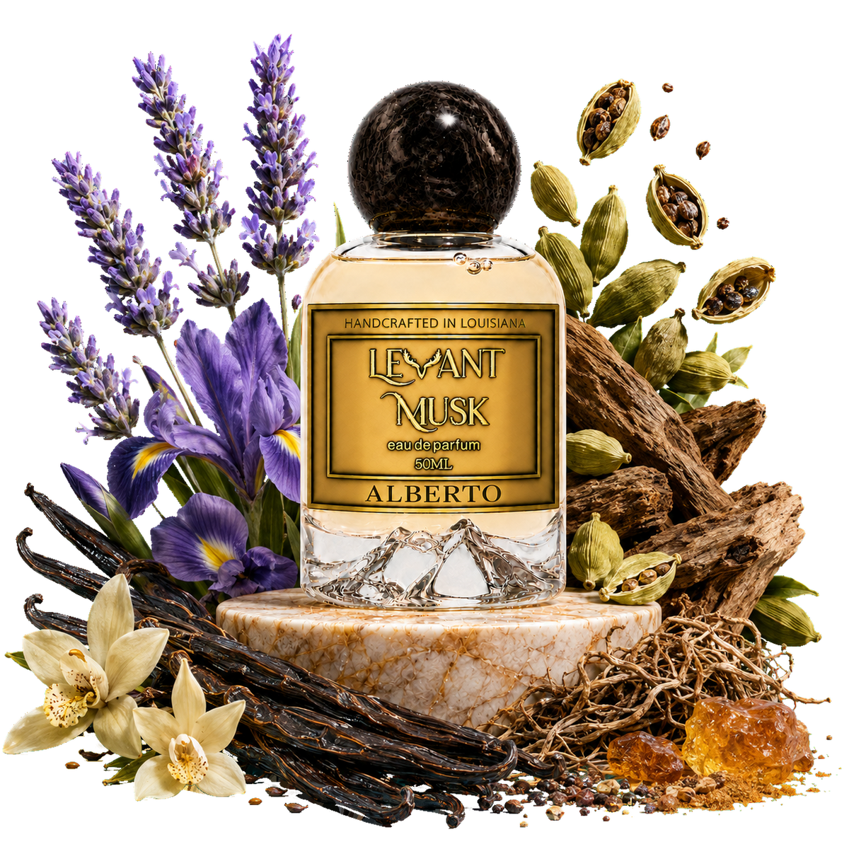 A perfume bottle labeled Alberto, by Levant Musk styled with lavender flowers, iris blossoms, vanilla beans, cardamom pods, amber resin, and driftwood on a white background.