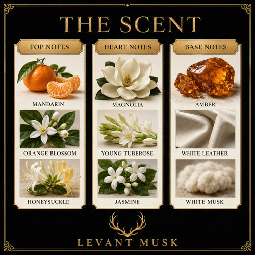 A fragrance scent card titled 'THE SCENT' for Levant Musk eau de parfum ALECIA, showing top notes, heart notes, and base notes in a three-column layout with labeled imagery: mandarin, orange blossom, honeysuckle in the top row; magnolia, young tuberose, jasmine in the middle row; amber, white leather, white musk in the bottom row.