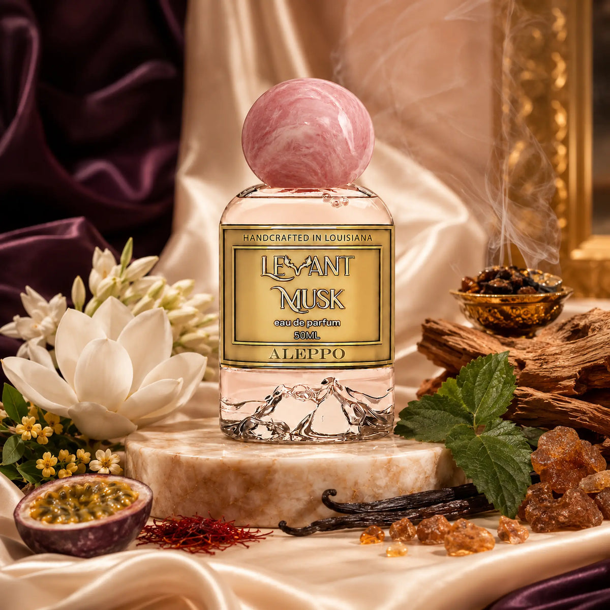 A perfume bottle labeled ALEPPO by Levant Musk with a pink marble-like spherical cap, styled on a marble slab with flowers, vanilla beans, amber crystals, and dried botanicals against draped satin fabric.
