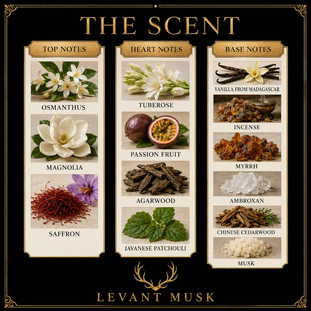 A branded scent profile graphic for Levant Musk scent ALEPPO, titled "THE SCENT," showing three vertical columns of fragrance notes with ingredient photos and labels: Top Notes (Osmanthus, Tuberoses, Magnolia, Saffron), Heart Notes (Tuberose, Passion Fruit, Agarwood, Javanese Patchouli), and Base Notes (Vanilla from Madagascar, Incense, Myrhl, Ambroxan, Chinese Cedarwood, Musk). The design uses a black background with gold border and typography, and cream panels for the notes.