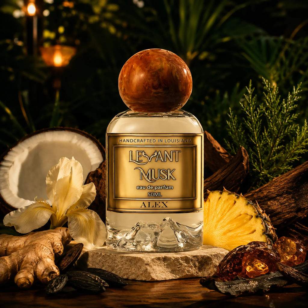 A bottle of ALEX, eau de parfum by Levant Musk styled with tropical ingredients including ginger, pineapple, a coconut, and amber resin on a dark, atmospheric background.