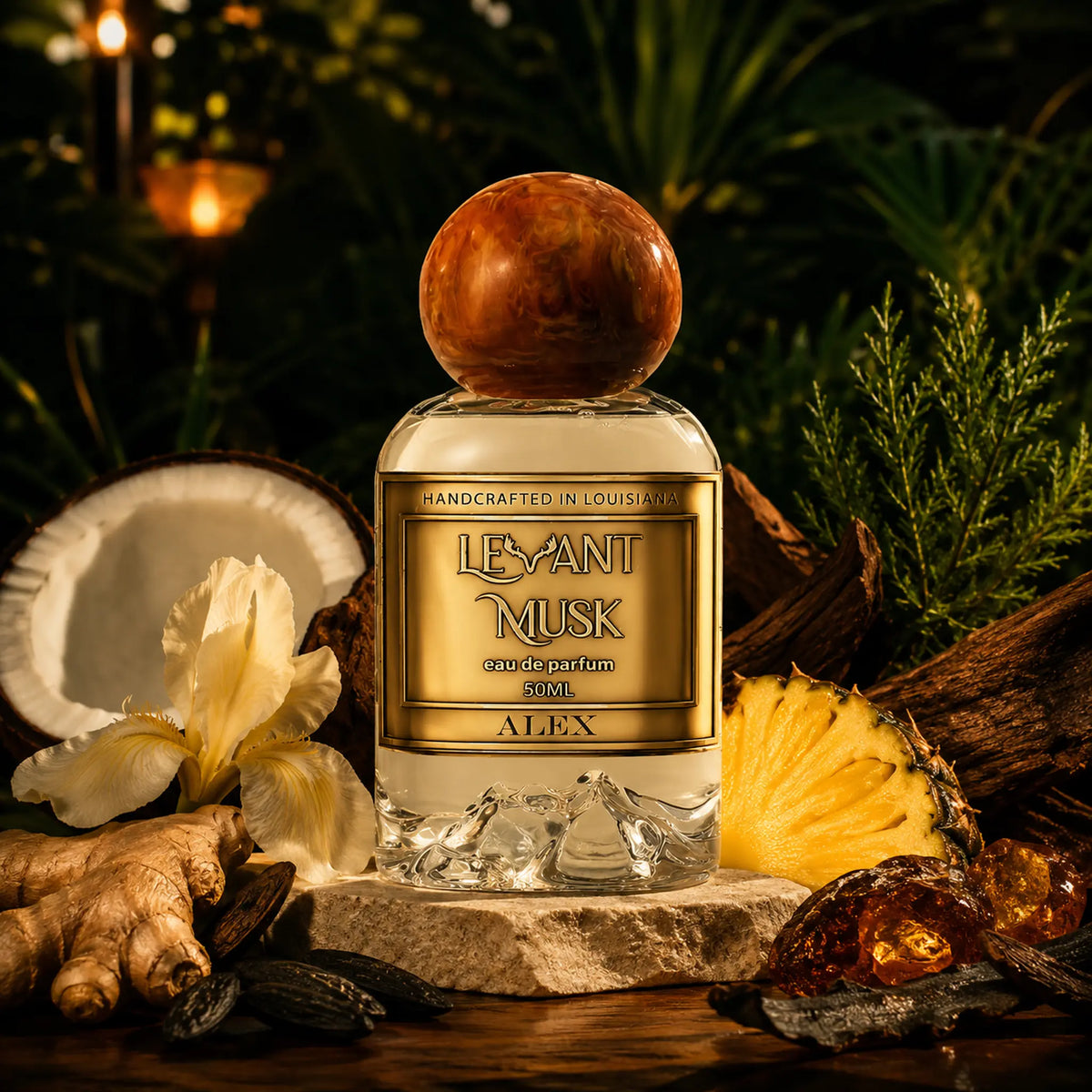 A bottle of ALEX, eau de parfum by Levant Musk styled with tropical ingredients including ginger, pineapple, a coconut, and amber resin on a dark, atmospheric background.