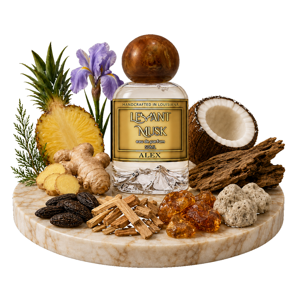 A clear glass perfume bottle labeled ALEX by Levant Musk with a round amber cap, styled on a marble slab with tropical ingredients including pineapple, coconut, ginger, amber, cloves, and a purple flower.