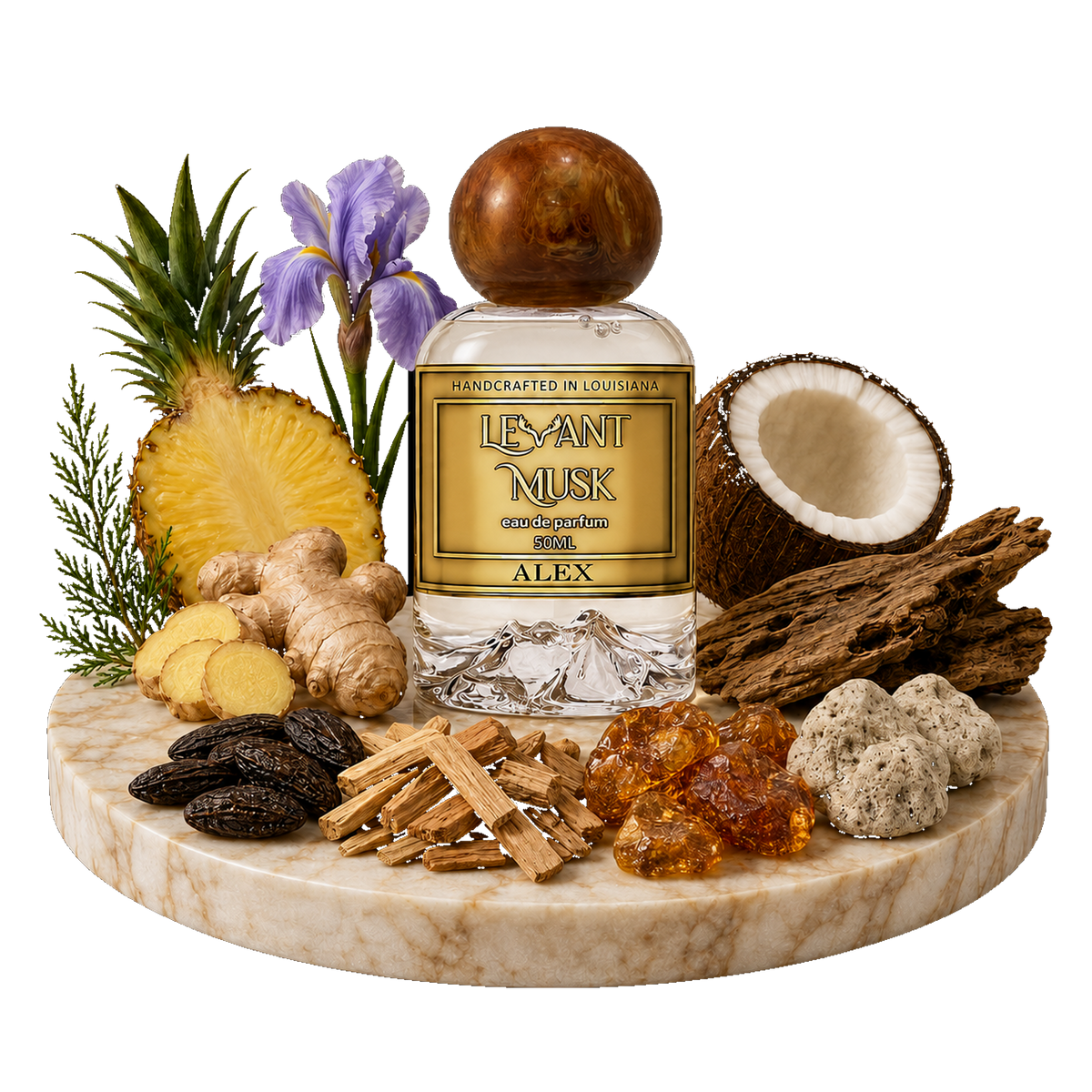 A clear glass perfume bottle labeled ALEX by Levant Musk with a round amber cap, styled on a marble slab with tropical ingredients including pineapple, coconut, ginger, amber, cloves, and a purple flower.
