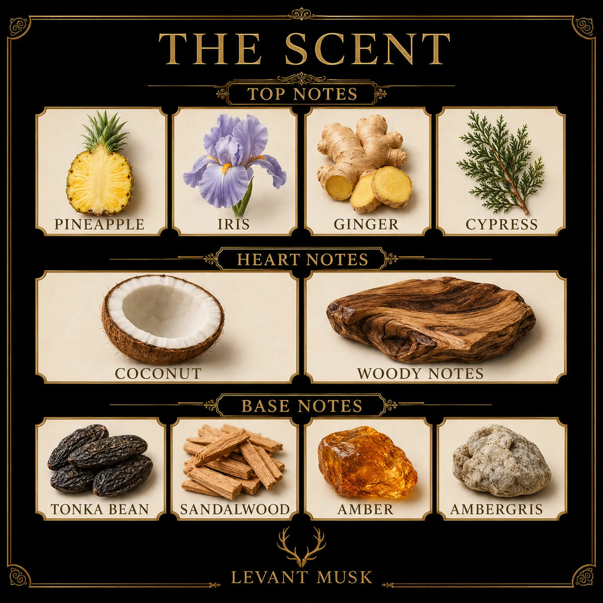 A decorative scent profile graphic titled "THE SCENT" for ALEX eu de parfum by  Levant Musk, showing top, heart, and base notes with labeled illustrations: pineapple, iris, ginger, cypress, coconut, woody notes, tonka bean, sandalwood, amber, and ambergris on a black background with ornate gold borders.