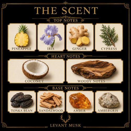 A decorative scent profile graphic titled "THE SCENT" for ALEX eu de parfum by  Levant Musk, showing top, heart, and base notes with labeled illustrations: pineapple, iris, ginger, cypress, coconut, woody notes, tonka bean, sandalwood, amber, and ambergris on a black background with ornate gold borders.