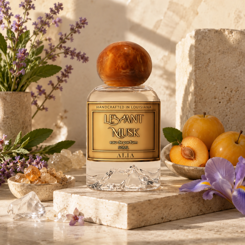 ALIA by Levant Musk perfume bottle in its original setting with scent illustrations.